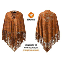 Women's Loose Suede Fringe Open Poncho Cloak Shawl Wrap with Punch Hole Patterns and Graceful Fringes Dropshipping