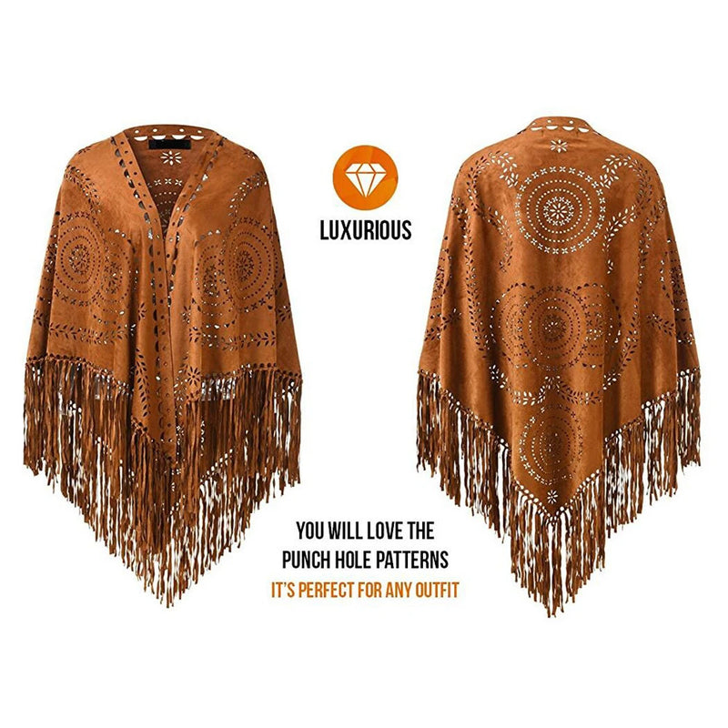 Women's Loose Suede Fringe Open Poncho Cloak Shawl Wrap with Punch Hole Patterns and Graceful Fringes Dropshipping