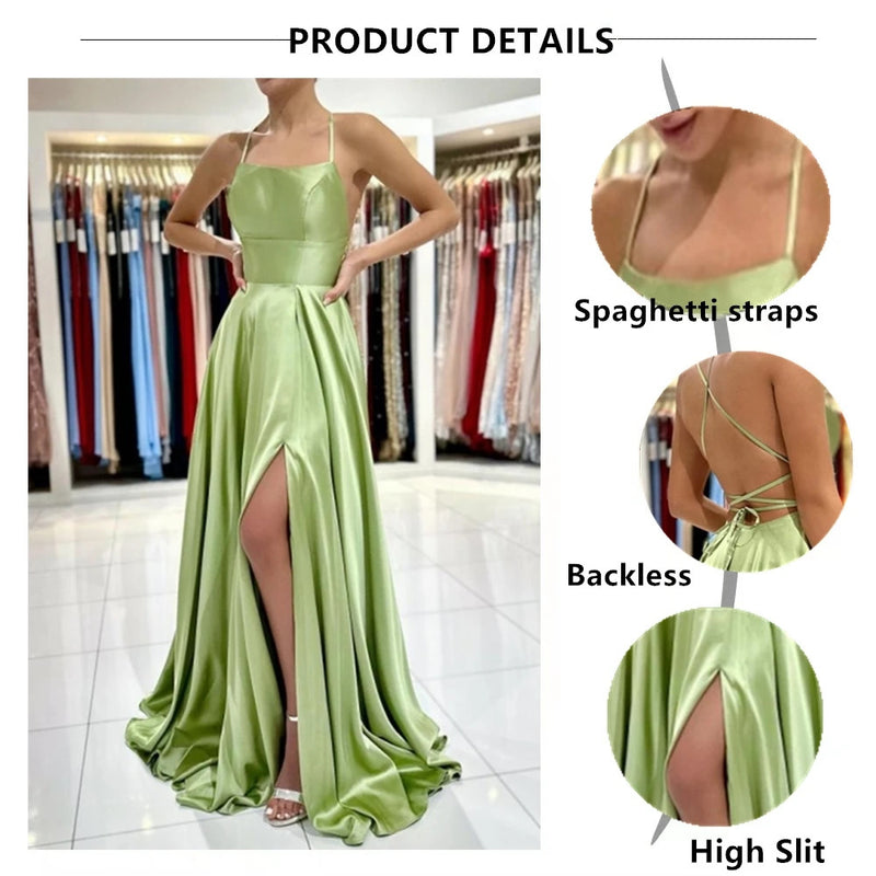 Ladies Blue A-line Long Satin Evening Dress For Women Simple Spaghetti Straps Sexy Slit Wedding Prom Party Gowns Vestidos