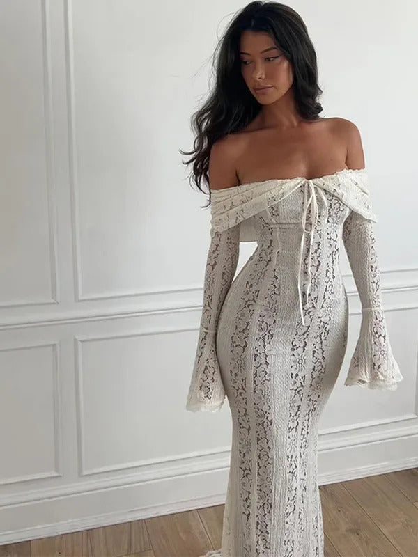 White Off Shoulder Lace Up Flare Long Sleeve Slim Maxi Dress Women Hollow Out Mermaid Floor Length Vestidos Female Elegant Robe