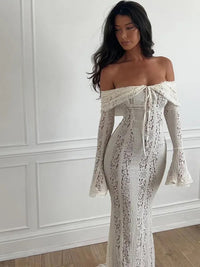 White Off Shoulder Lace Up Flare Long Sleeve Slim Maxi Dress Women Hollow Out Mermaid Floor Length Vestidos Female Elegant Robe