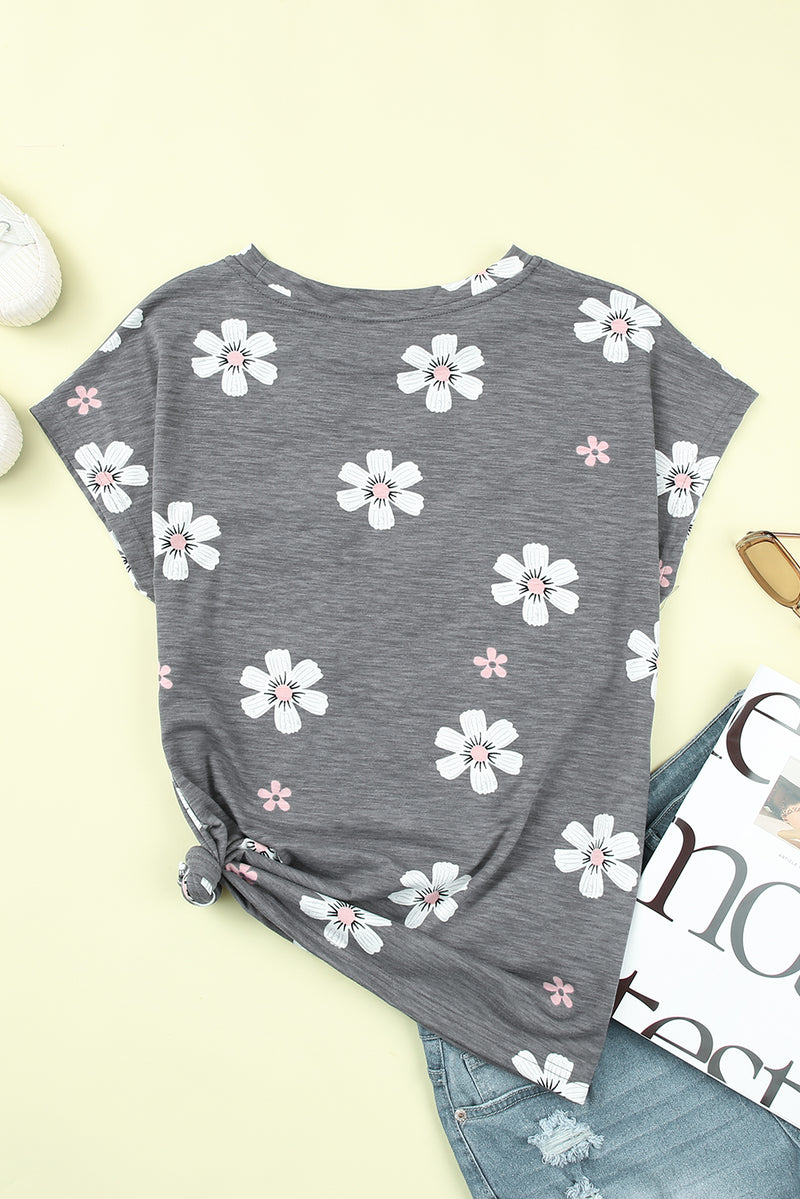 Gray Floral Cap Sleeve T-Shirt with Pocket