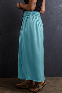 Peacock Blue Drawstring Split Side Flowy Long Skirt