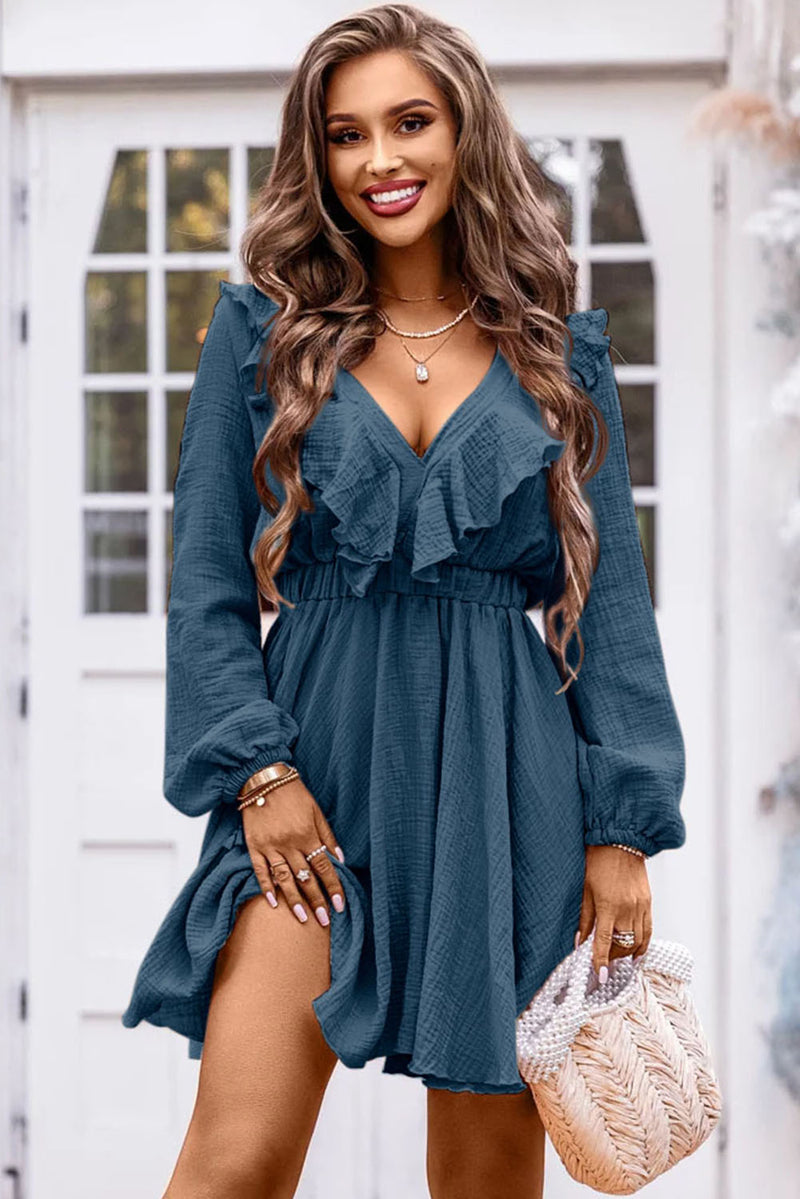 Women's Textured Ruffled V Neck High Waist Mini Dress