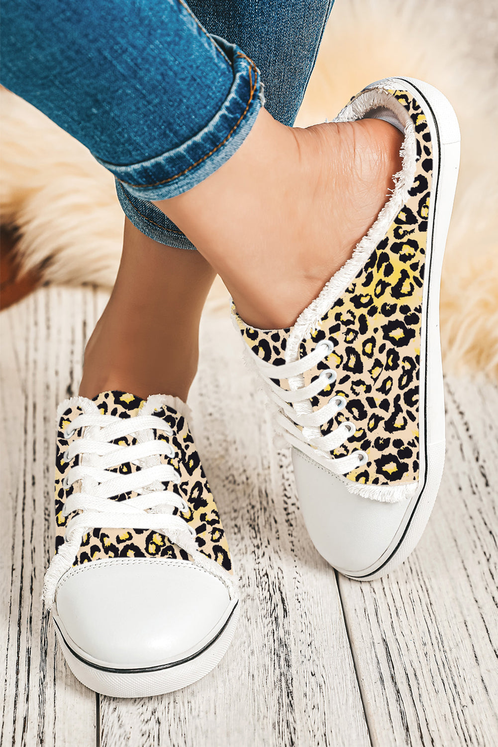 Chestnut Leopard Print Lace Up Decor Canvas Slip On Shoes