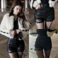 Women's High Waist Shorts High Waisted PU Leather Versatile Hot Shorts Hollow out Buckle Slim Sexy Shorts