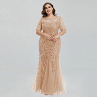 Women Plus Size Sequin Mesh Embroidery Mermaid  Evening Dress Formal Short Sleeve Elegant Party Prom Gowns 2020 New Long Dress