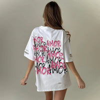 Summer Loose Oversized Tops Casuales Letter Print T Shirt Femme 2024 Spring Sunmer News Fashion Street Short Sleeve O-Neck Tees