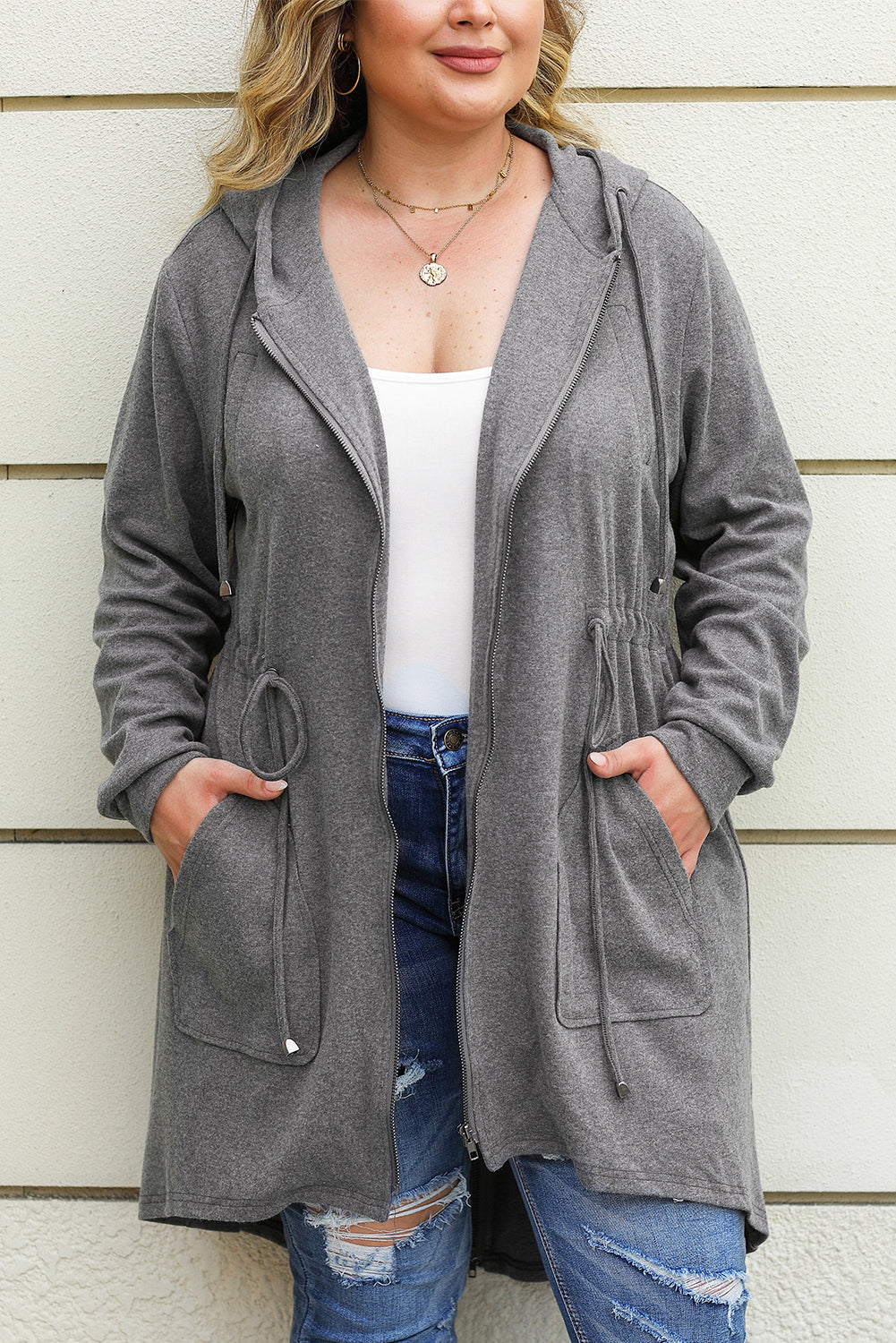 Gray Plus Size Drawstring High Low Hooded Jacket