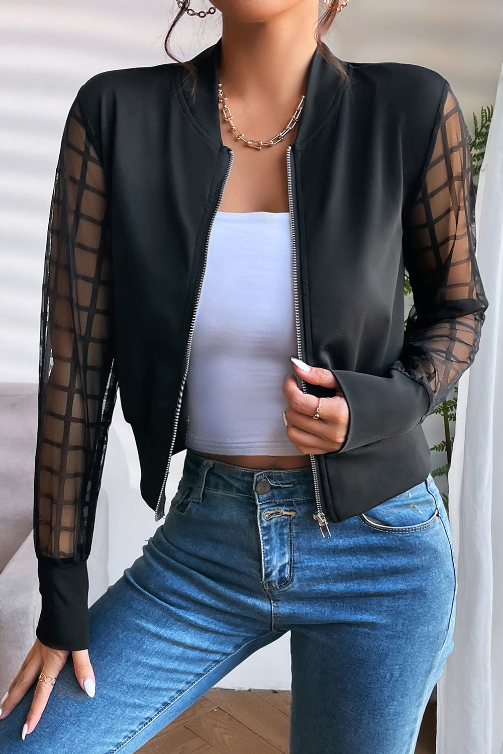 Black Latticed Mesh Sleeve Zip Up Bomber Jacket