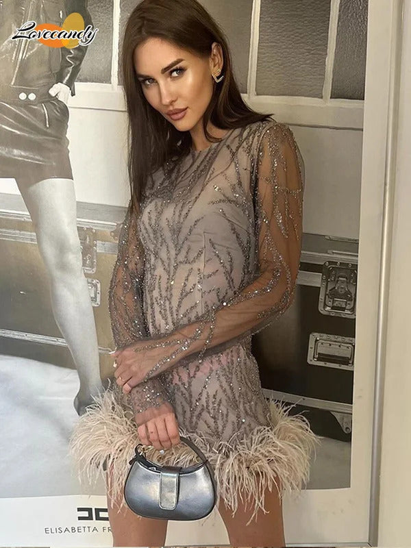 2024 New Feather Sequins Partywear Mini Dresses Women Elegant Mesh Sheer Sequined Long Sleeve Dress Lady Club Evening Vestidos