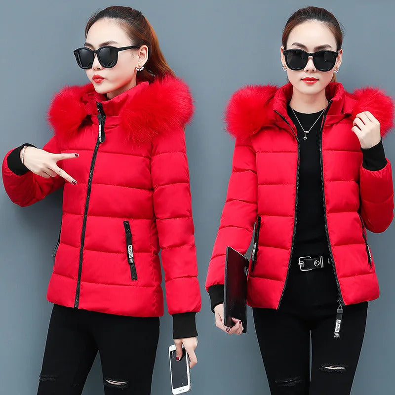 Zipper Fur Hooded Short Down Cotton Jacket Thickened Coat Fall Winter Casual Elegant Long Sleeve Warm Pockets Women Clothing New