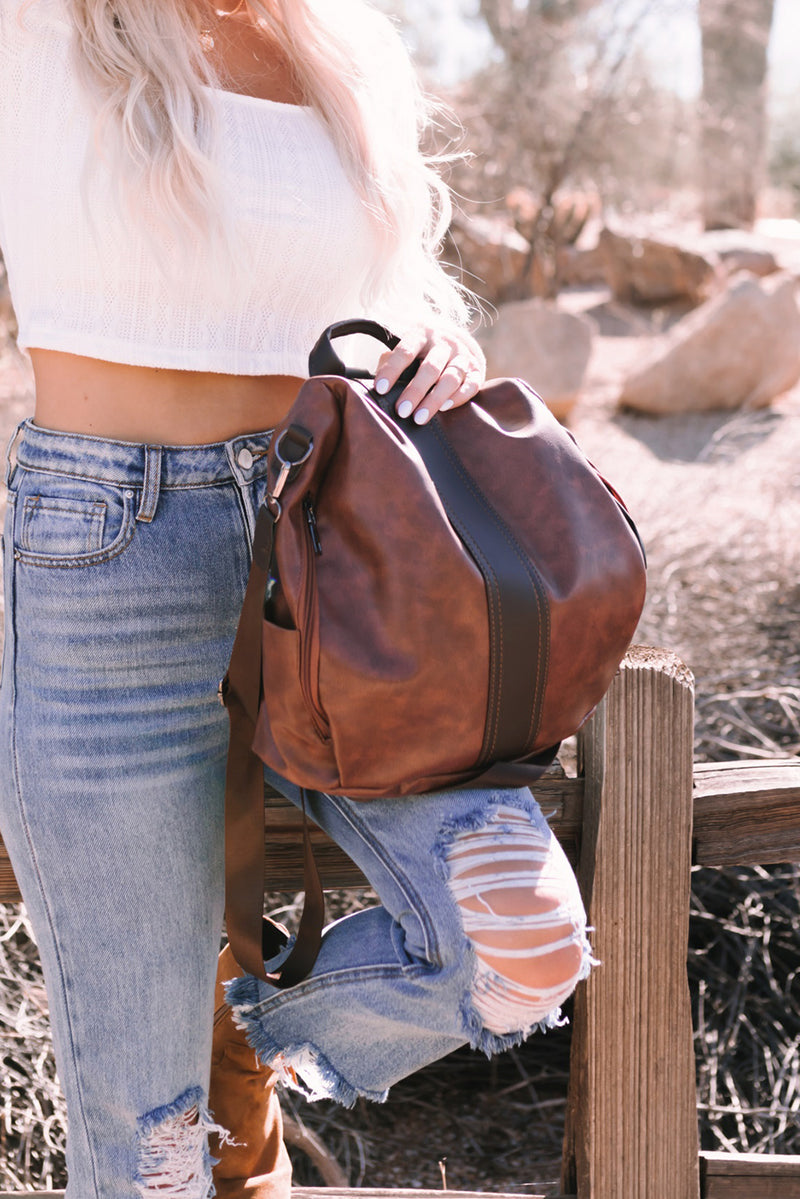 Brown Retro Faux Leather Multi-Functional Zipper Backpack