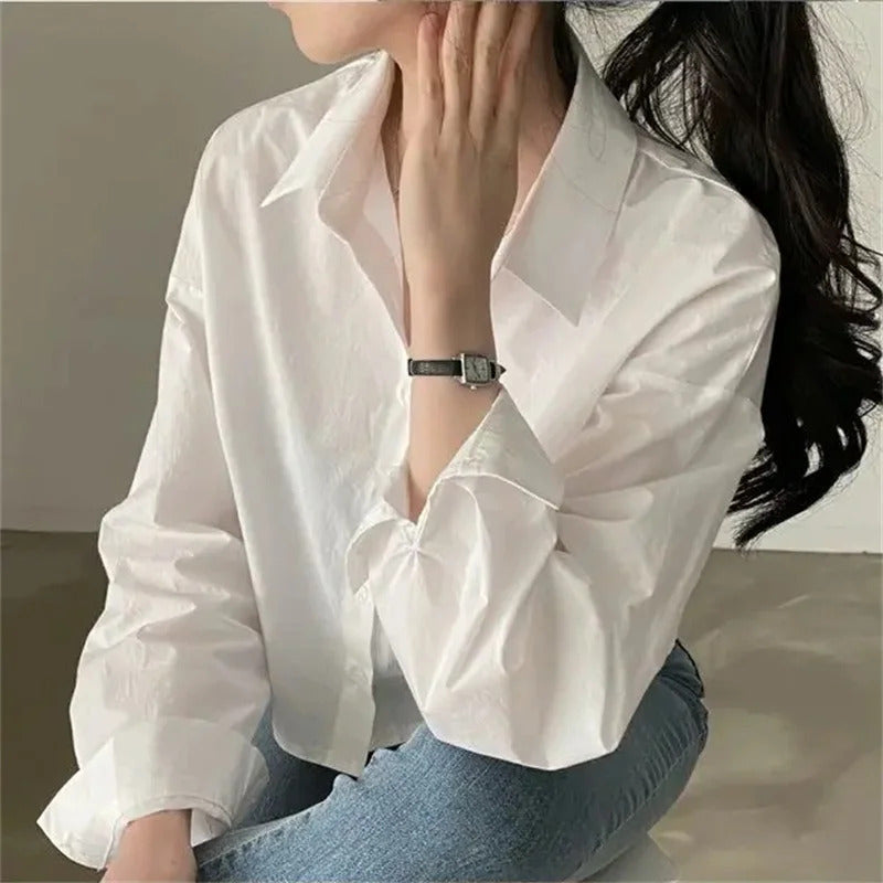 Spring New Casual Long Sleeve Women White Shirt Korea Style Solid Button Split Woman Crop Tops Blouse Party Clothing