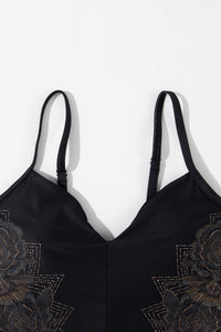 Black Petal Print Crisscross Back Spaghetti Straps Swimsuit