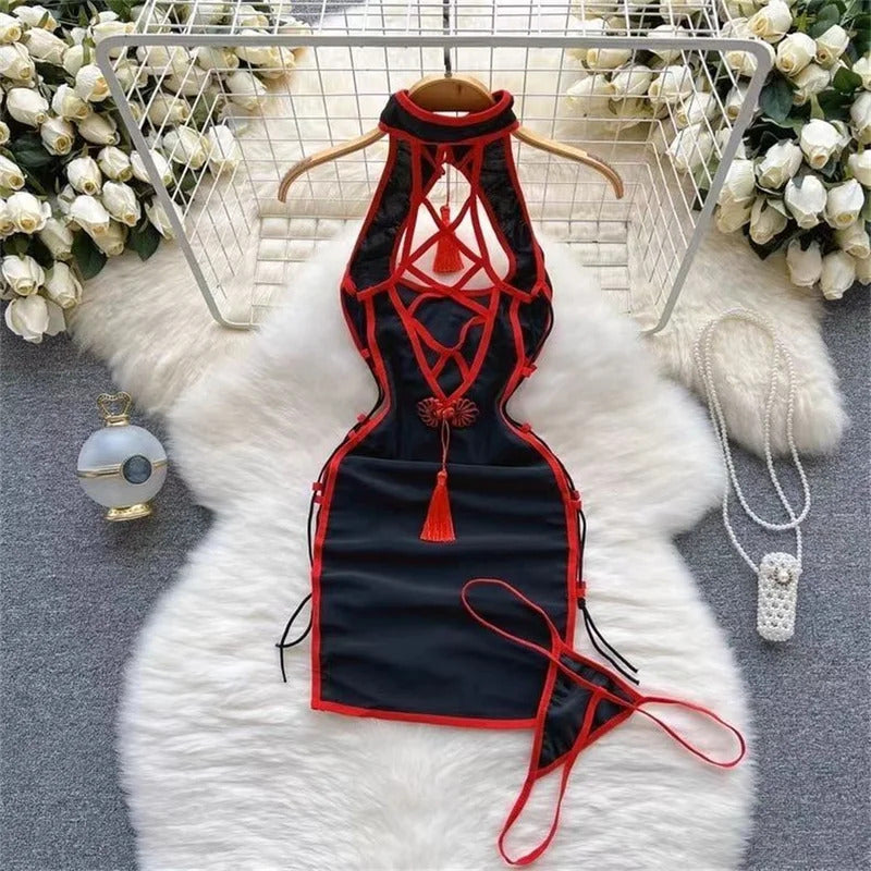 Sexy Slim Chinese Cheongsam Halter Nightwear Lingerie Halter Hollow Tassel Sleeveless Strap Dress Erotic Women Nightgown Pajama