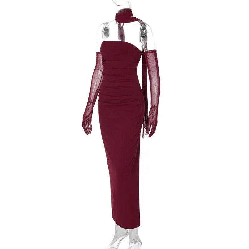 Mozision Strapless Backless Sexy Maxi Dress For Women Burgundy Mesh Sleeve Off-shoulder Bodycon Club Party Evening Long Dress