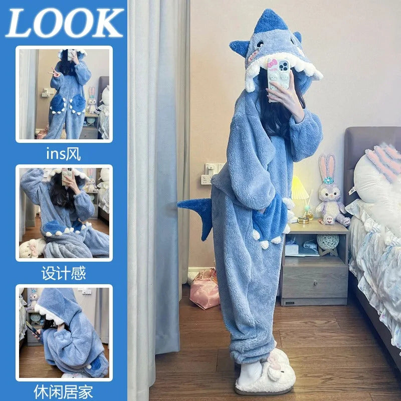 Cartoon Cute Shark Women's Hooded Sleepwear Kigurumi Unicorn Winter Cosplay Pijama jumpsuit Female Christmas Party Loungewear