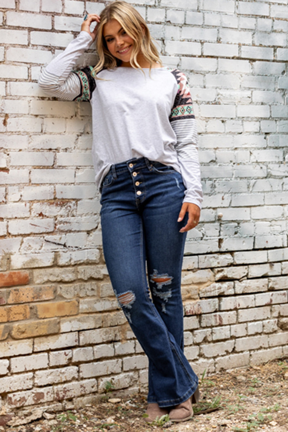 Dark Washed Distressed Flare Bottom Jeans