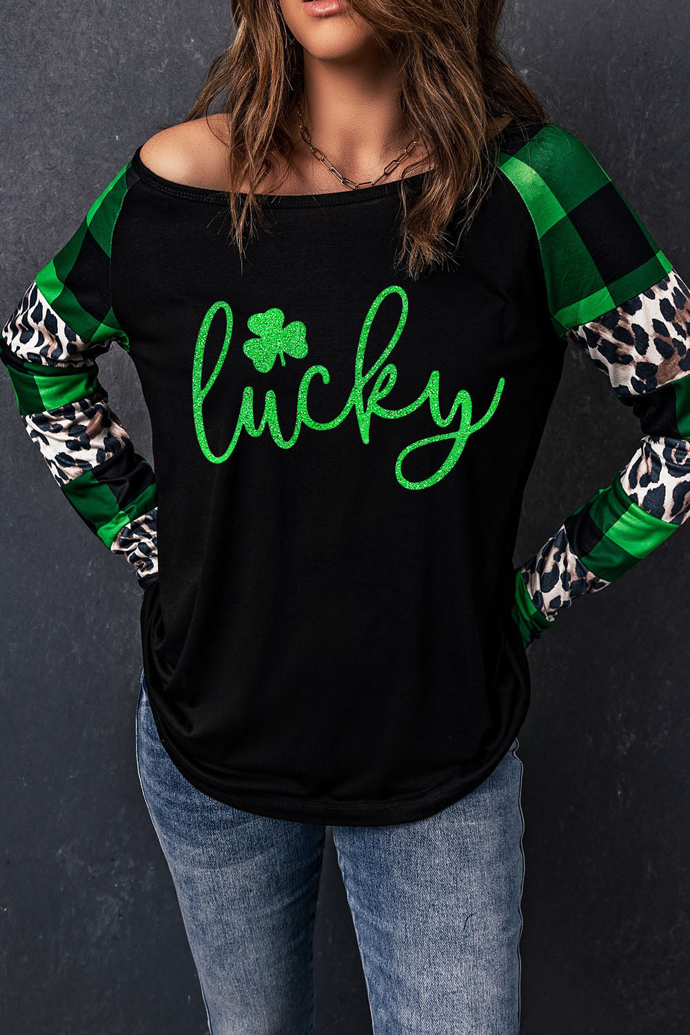 Green Lucky Clover Glitter Graphic Leopard Plaid Splicing Top