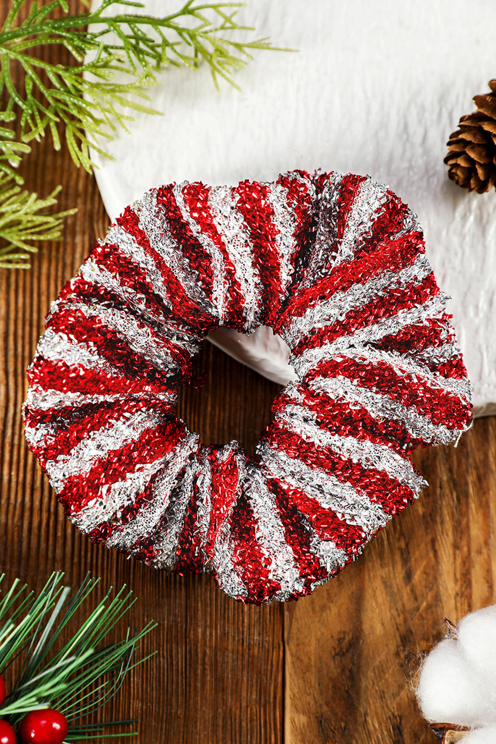 Fiery Red Glitter 2-tone Stripes Christmas Hair Tie