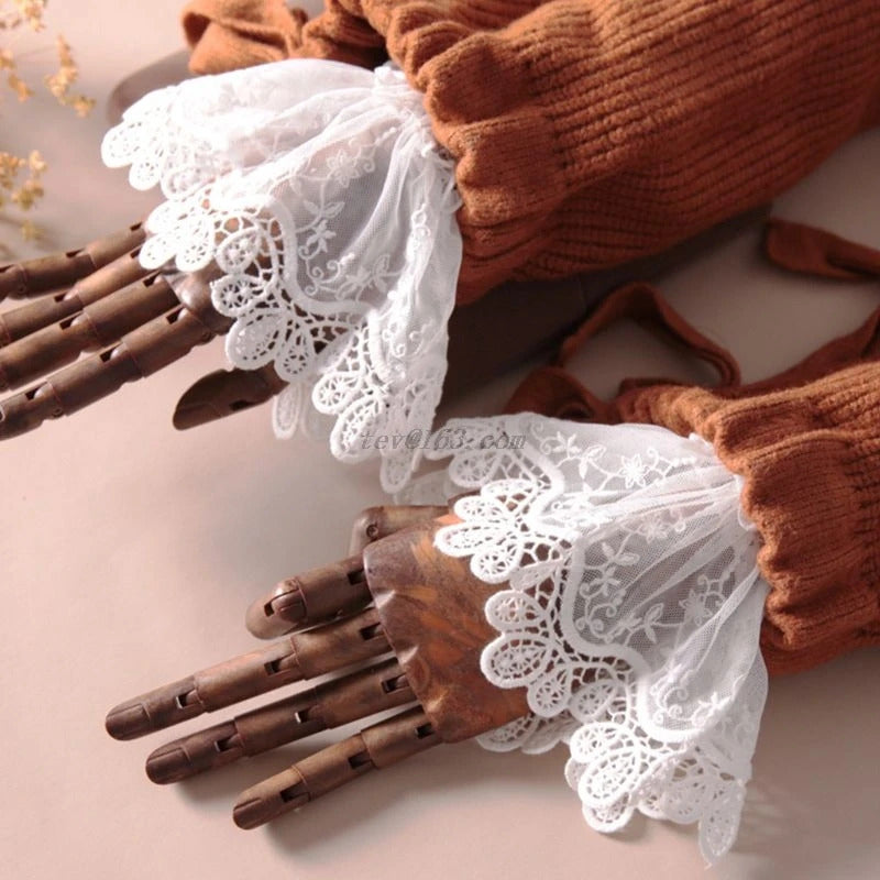 Female Sweater Fake Sleeves Hollow Out Crochet Floral Lace Horn Cuffs Embroidery Flounces Ruffles Elastic Wrist Warmers