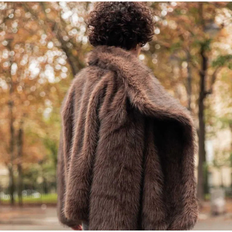 Dark Brown Faux Fur Long Overcoat For Women Fashion Lapel Single Breasted Loose Fluffy Plush Warm Coat Winter Thicken Outerwear