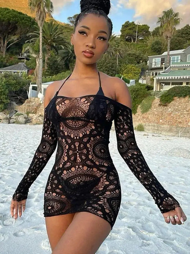 Sexy Off Shoulder Dresses Women's Transparent Wrap Hip Dresses Mesh Shiny Miniskirts Club Outfits Bikini Cover Beach Dress