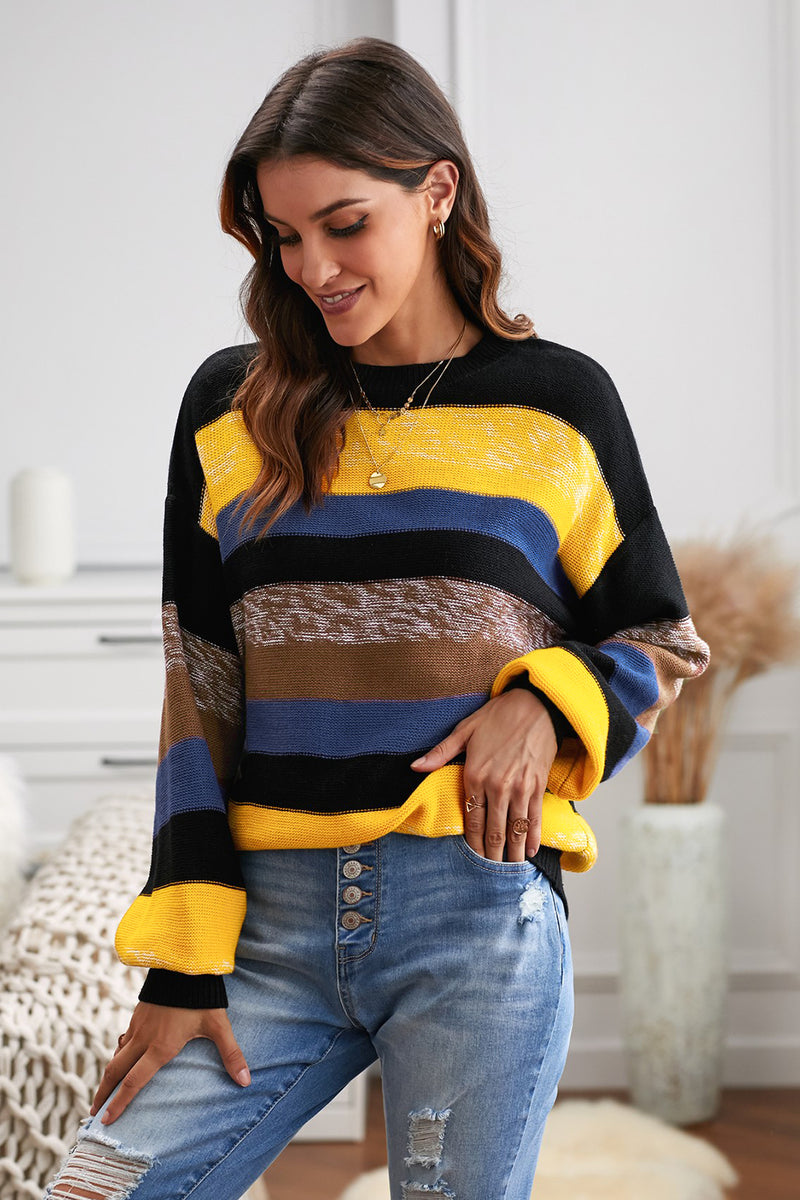 Multicolor Color Block Highlight Balloon Sleeve Sweater