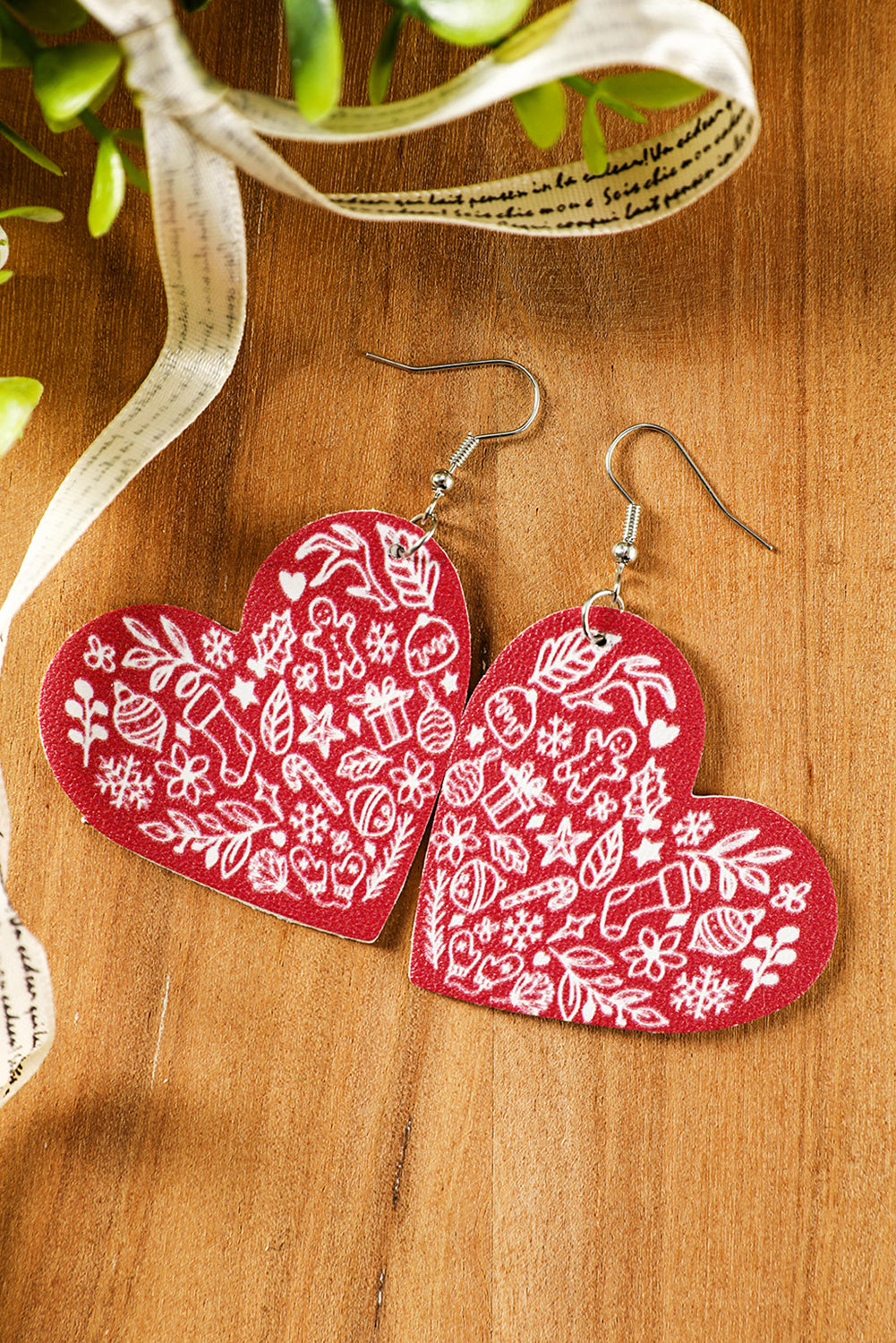 Red Christmas Pattern PU Leather Drop Earrings