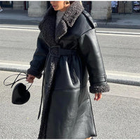 Women Black Lamb Wool Patchwork Leather Overcoat Fashion Lapel High Waist Pockets Jacket With Belt Winter Lady Street Warm Coats