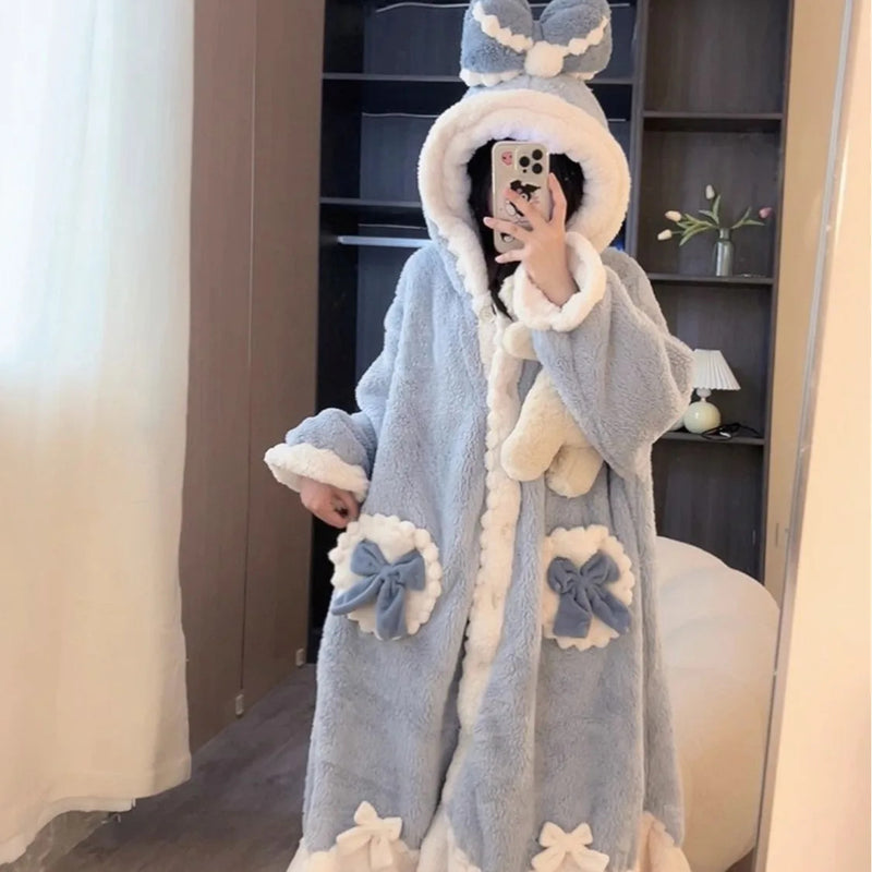 Women Cute Robe Plush Thick Sleepwear Thickened Warm Flannel Cartoon Sleeping Bag Animal One-Piece Pajamas Men Women Homewear