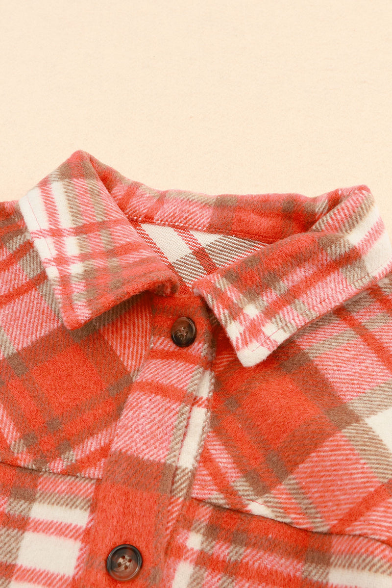 Fiery Red Sherpa Sleeve Plaid Print Shacket