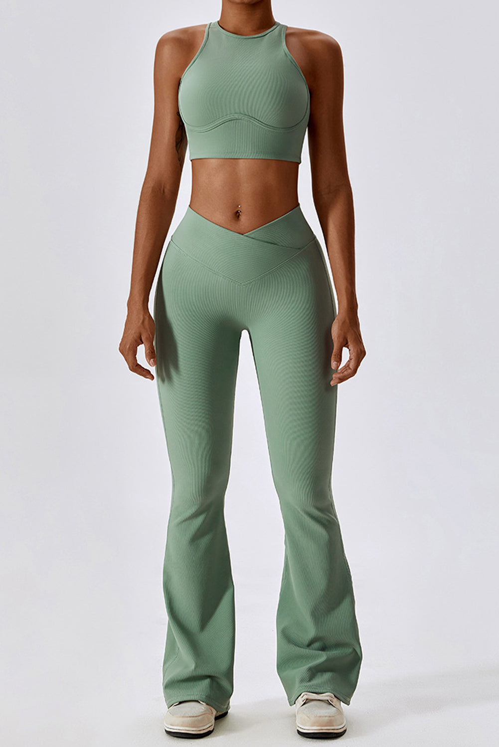 Grass Green Active Push up Bra and Arched Flare Pants Workout Set