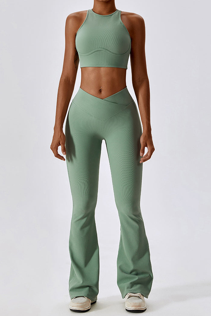 Grass Green Active Push up Bra and Arched Flare Pants Workout Set