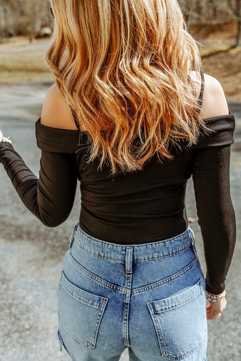 Black Cold Shoulder Cut-out Long Sleeve Bodysuit