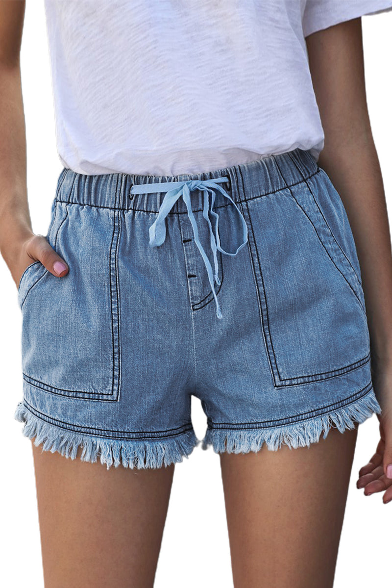 Blank Apparel - Sky Blue Casual Pocketed Frayed Denim Shorts