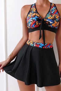 Black 3pcs Printed Crossed Top and A-line Skirt Bikini Set