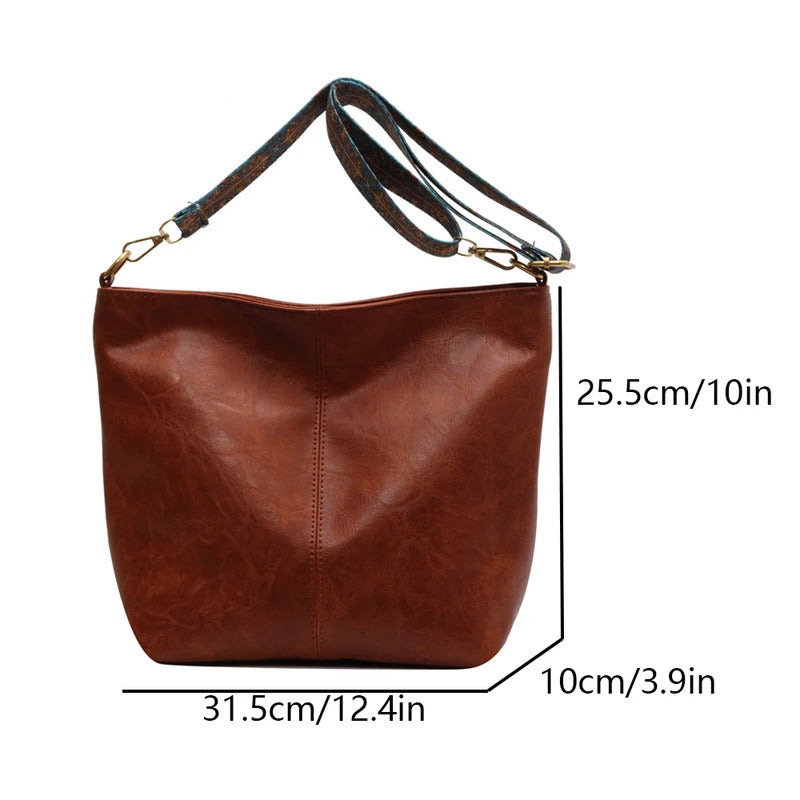 Women's retro solid color PU large capacity shoulder bag, fashionable crossbody bag, suitable for girls' daily commuting -ll