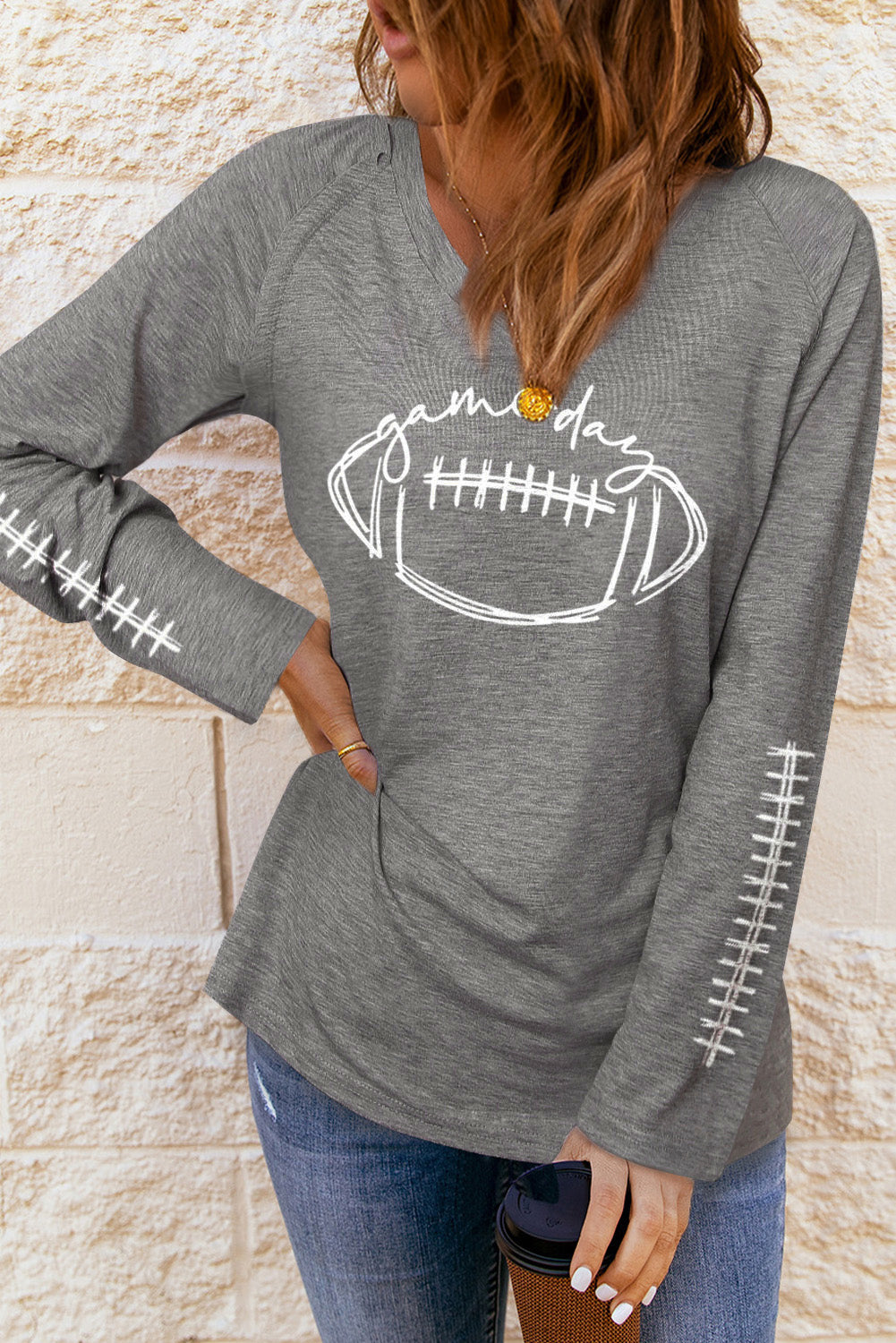 Gray Game Day Soccer Graphic Print V Neck Long Sleeve Top