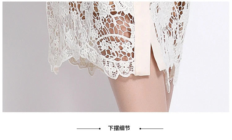 Quality Summer Beaded Diamonds Embroidery Beige White Lace Evening Dress Women Short Sleeve Ruffle Peplum Midi Prom Dresses Long