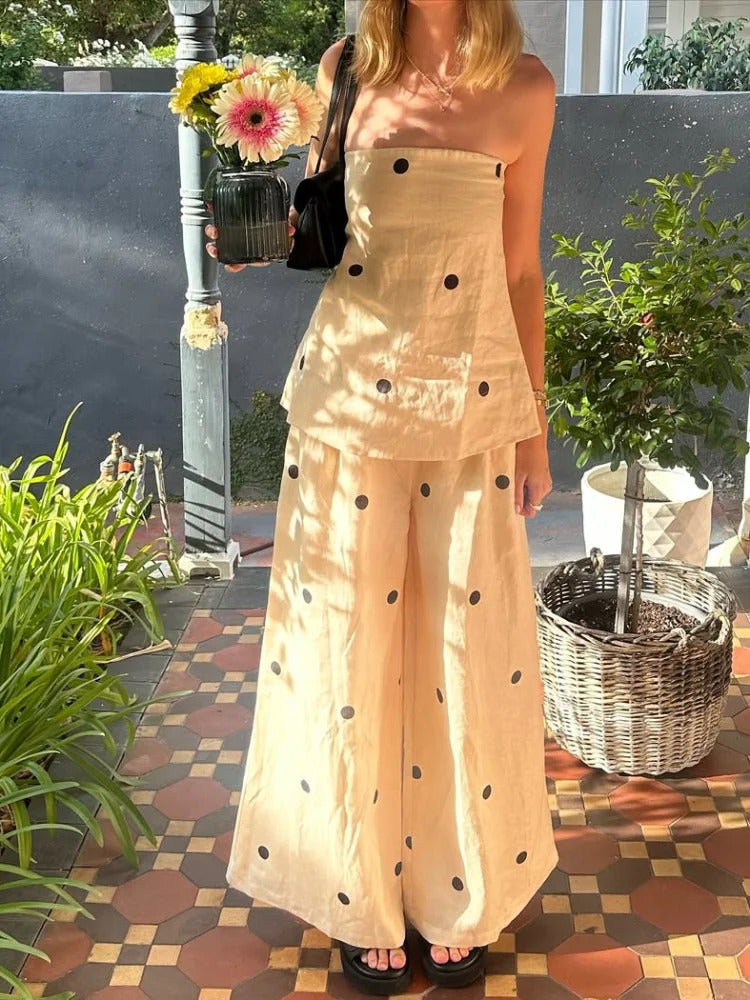 Casual Women Printing Dot Strapless Top Pants Suit Fashion Sleeveless Wide Legs Pant Slim Sets 2025 New Spring Outfit Streetwear