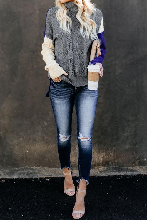 Gray Colorblock Cable Knit Sweater