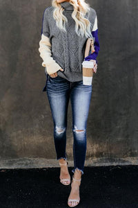 Gray Colorblock Cable Knit Sweater