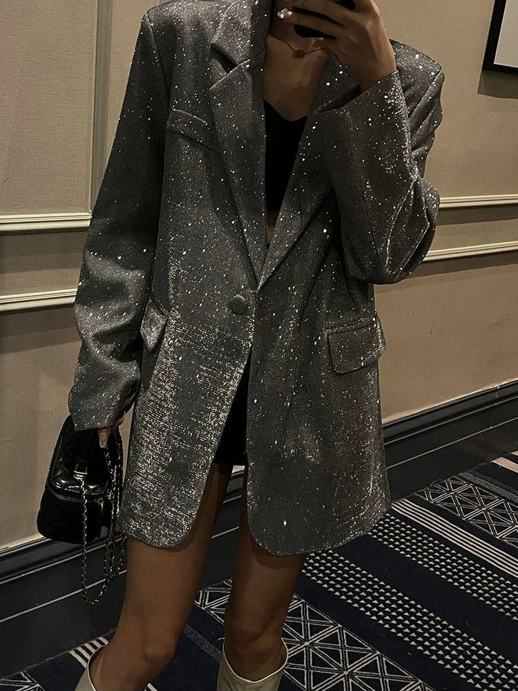 Tossy Sequin Glitter Lapel Suit Outwear For Women Luxury Long Sleeve Fashion Pocket Elegant Sparkle Coat Women's Suit Outwear