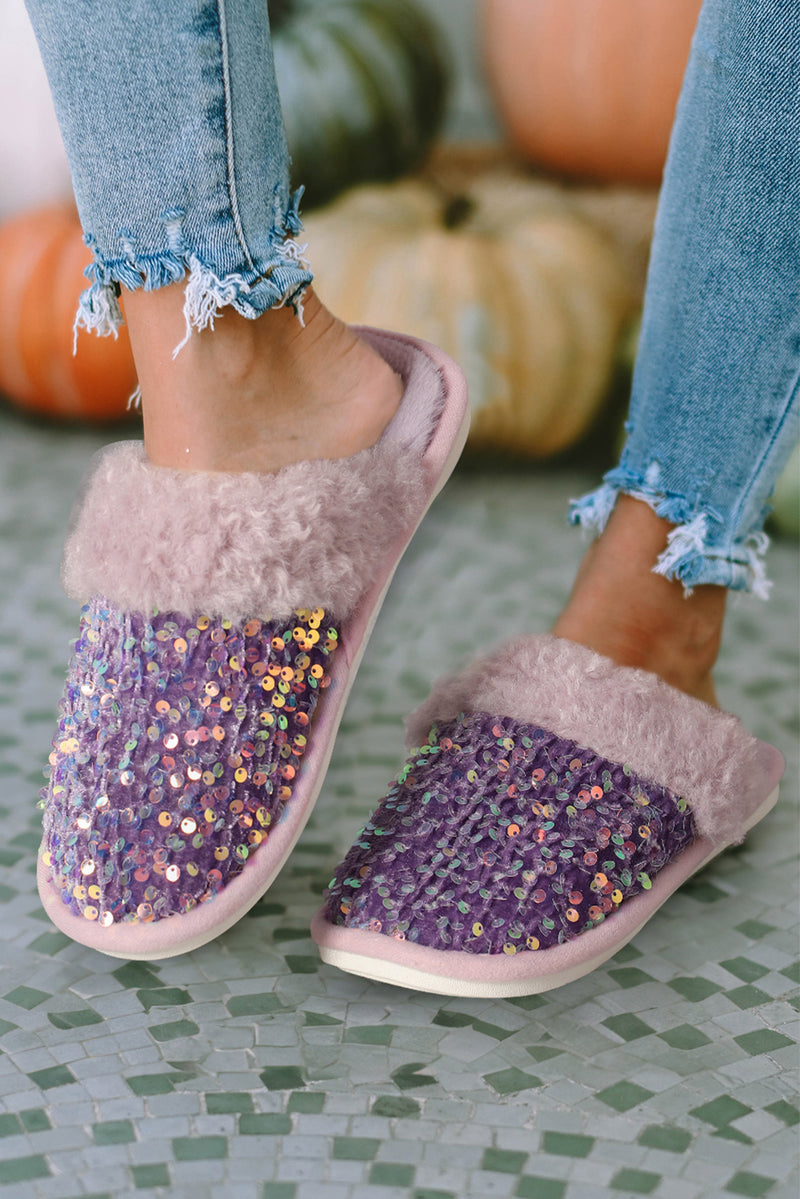 Tillandsia Purple Sequin Furry Indoor Winter Slippers