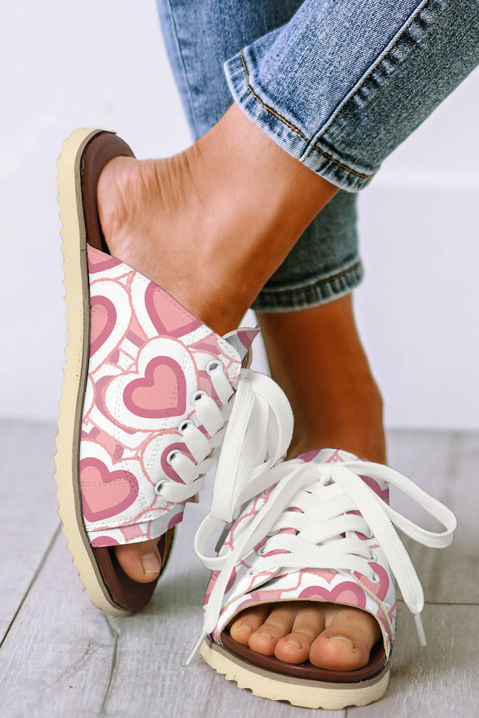 Pink Heart Shape Print Lace-up Open Toe Flat Slippers