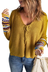 Yellow Lace up V Neck Knit Sweater