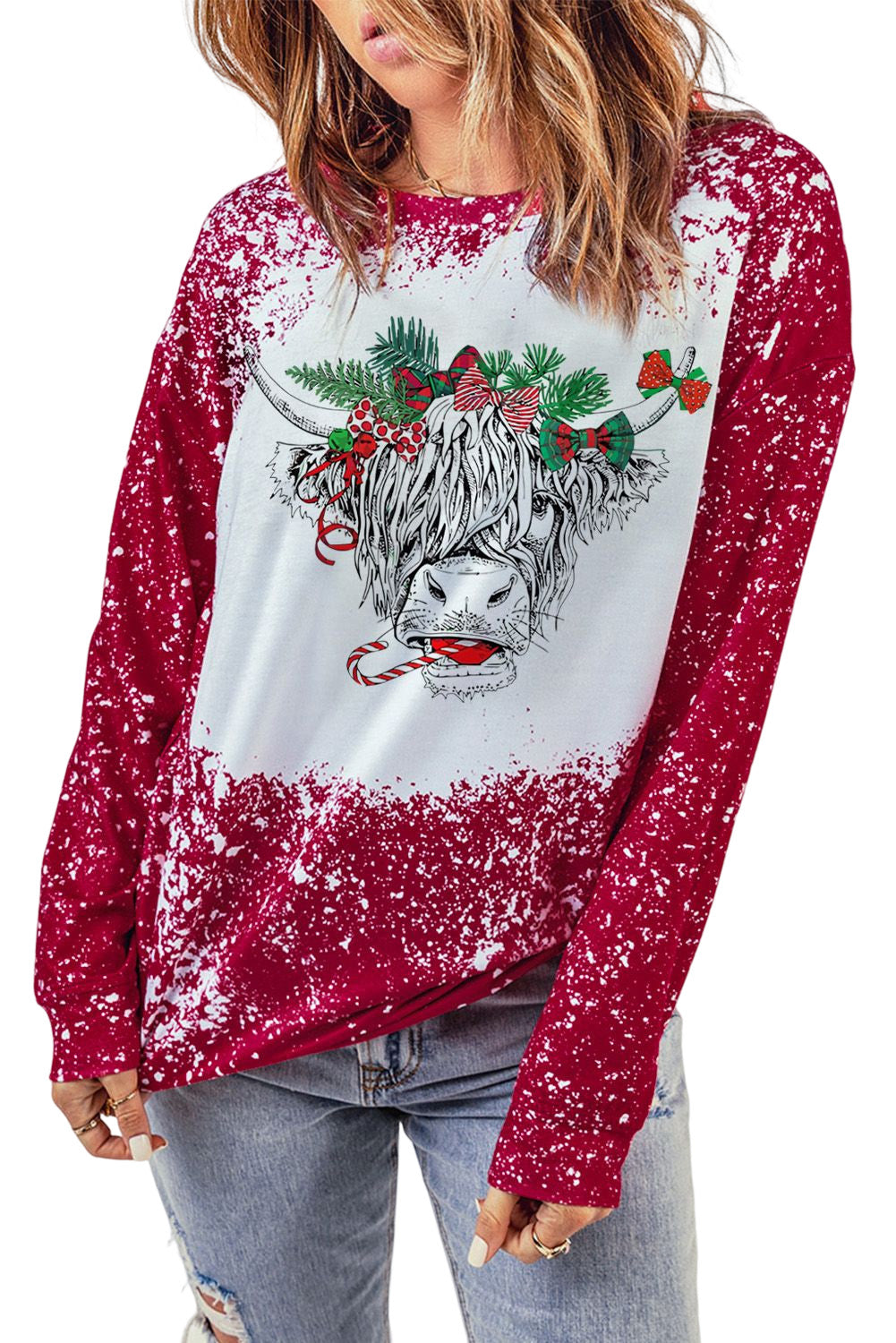 Fiery Red Christmas Cow Bleach Print Long Sleeve Sweatshirt