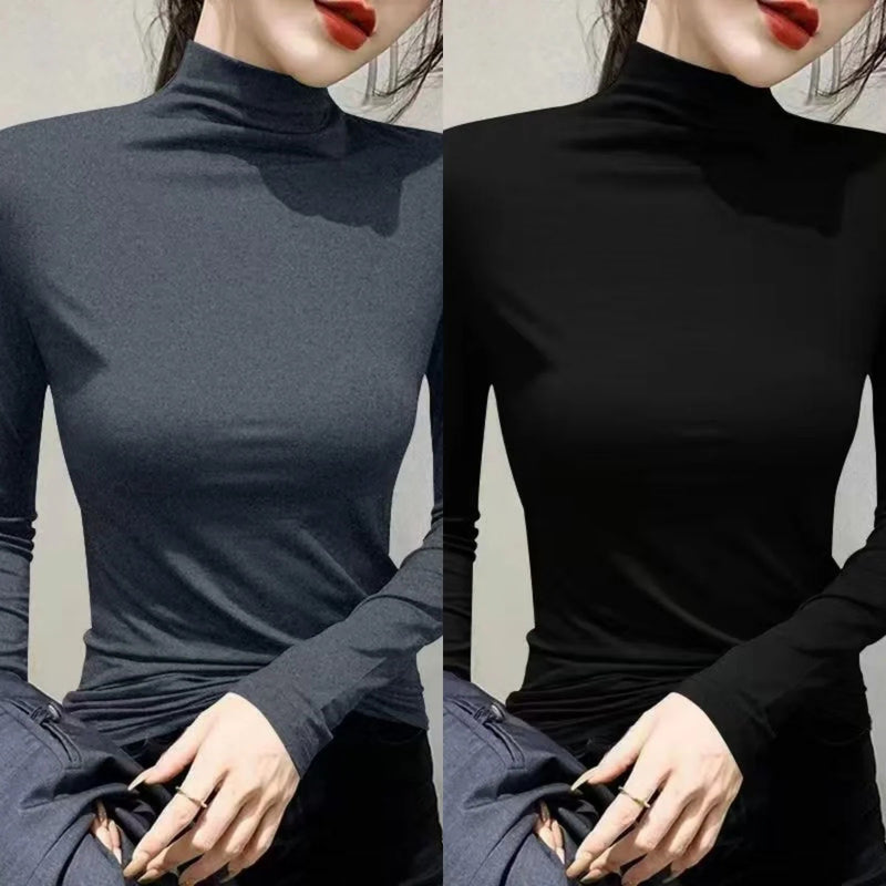 Plus Size Basic All-Match Women T-Shirt High Neck Casual Slim Fit Fleece Warm Autumn Winter Office Lady's Top Elegant Fashion